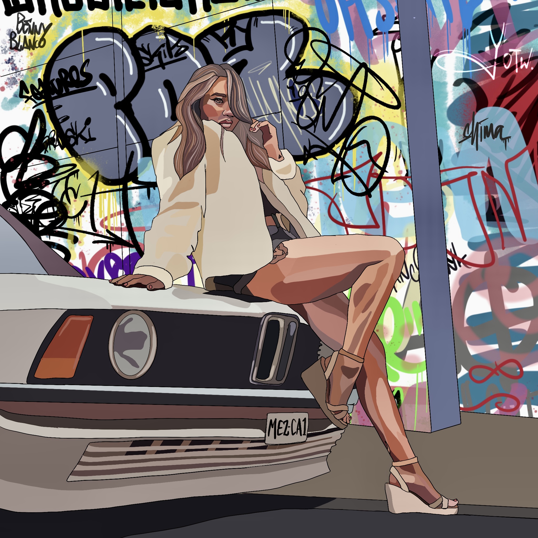 Digital artwork of artist Yasmin Shima posing with a car. Titled Ride or Die ft. Benny Blanco.